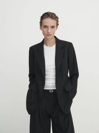 Massimo Dutti + Cool Wool Blend Black Suit Blazer
