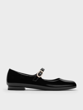 Charles & Keith + Patent Pearl-Buckle Mary Janes in Black Patent