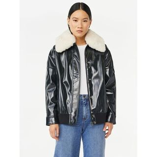 Scoop + Oversized Faux Leather Jacket With Faux Fur Collar