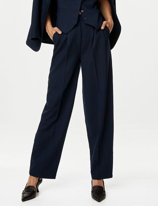 Marks & Spencer + Pleat Front Relaxed Trousers in Dark Navy