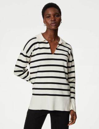 M&S Collection + Cotton Rich Striped Relaxed Longline Jumper
