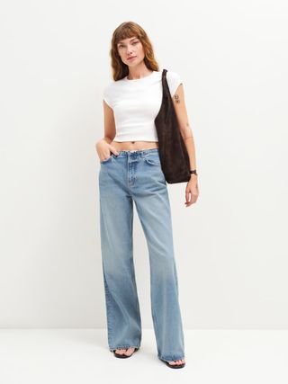 Reformation + Cary Mid Rise Cut Off Waistband Wide Leg Jeans
