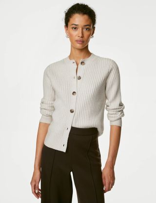 M&S Collection + Knitted Ribbed Crew Neck Cardigan
