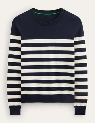 Boden + Catriona Cotton Crew Jumper in Navy and Ivory Stripe
