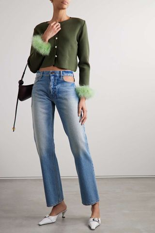 Sleeper + + Net Sustain Convertible Cropped Feather-Trimmed Knitted Cardigan