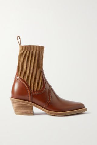 Chloé + Nellie Leather And Ribbed Cashmere-Blend Ankle Boots in Brown