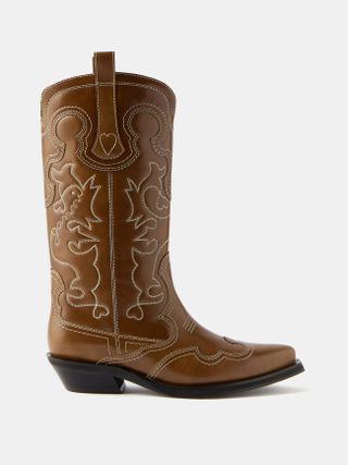 Ganni + Mid-Shaft Embroidered Western Boots in Tiger's Eye