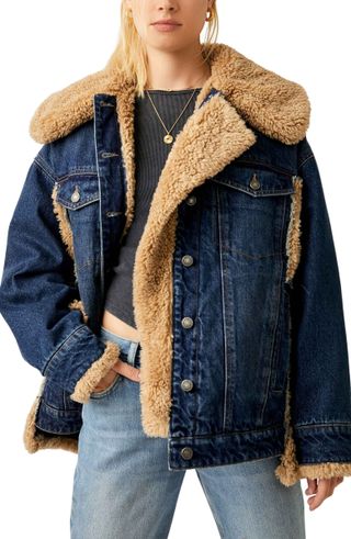 Free People + Holly Oversize Denim Jacket With Faux Fur Trim