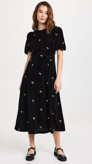 Sea + Embroidery Puff Sleeve Midi Dress