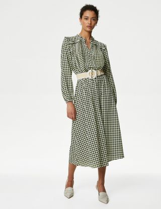 M&S Collection + Printed Tie Neck Midi Waisted Dress