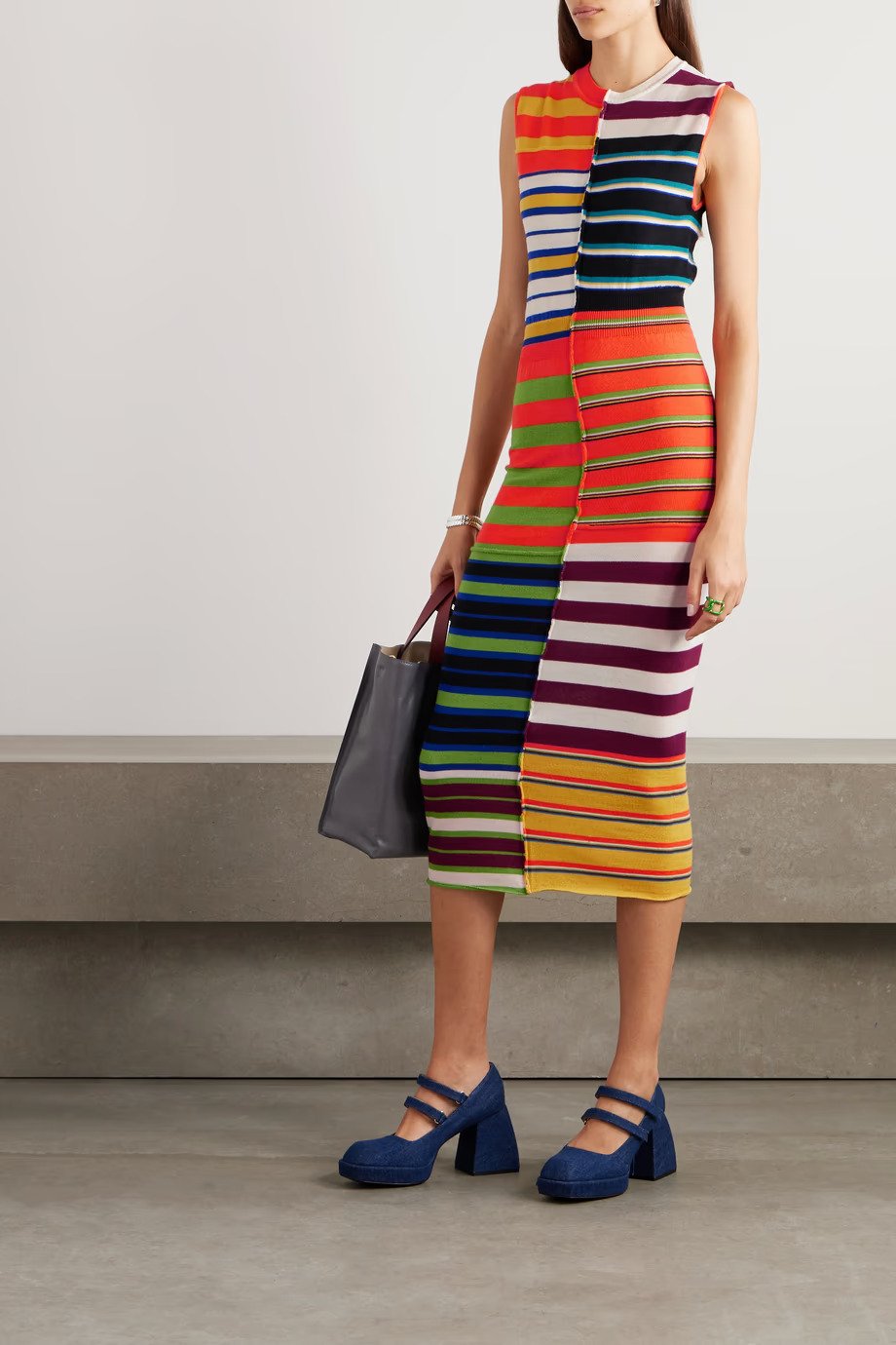 Marni + Patchwork Striped Wool Midi Dress