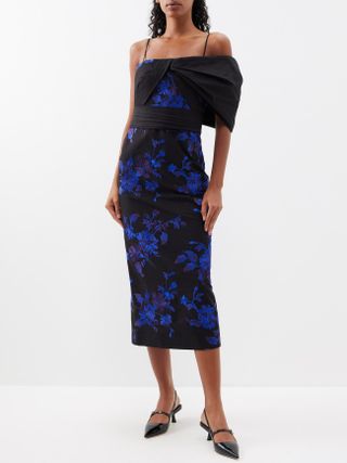 Erdem + Asymmetric Floral-Embroidered Faille Midi Dress