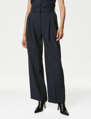 Marks & Spencer + Pinstripe Pleat Front Wide Leg Trousers