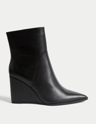 M&S Collection + Leather Wedge Pointed Ankle Boots in Black