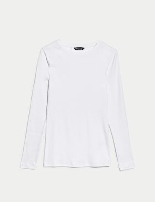 M&S Collection + Cotton Rich Ribbed Top in Soft White
