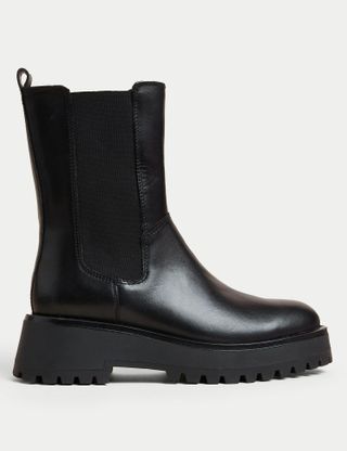 M&S Collection + Leather Chelsea Flatform Ankle Boots in Black