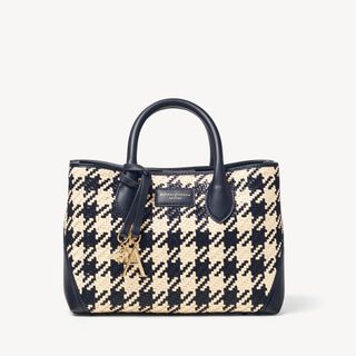 Aspinal of London + Midi London Tote in Navy & Ivory Woven Leather