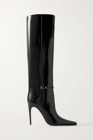 Saint Laurent + Vendome Buckled Glossed-Leather Knee Boots