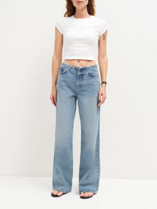 Reformation + Cary Mid Rise Cut Off Waistband Wide Leg Jeans in Atwood