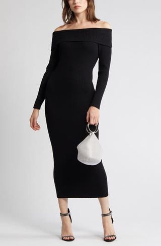 Charles Henry + Off the Shoulder Long Sleeve Rib Sweater Dress