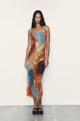 Zara + Printed Fitted Strapless Dress