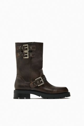 Zara + Flat Biker Ankle Boots with Buckles