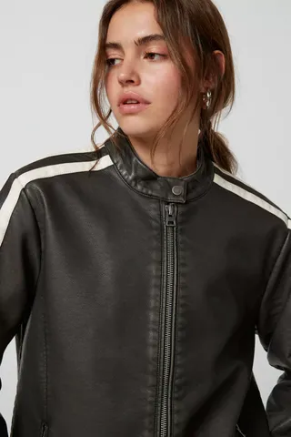 UO + Morgan Faux Leather Stripe Moto Jacket