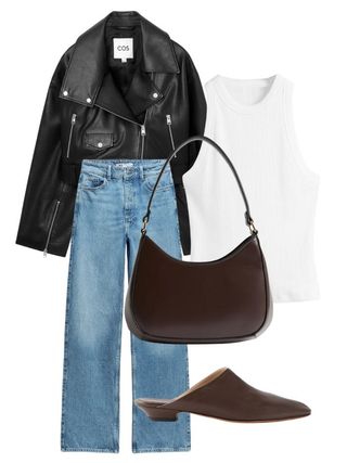 cute simple outfits: leather jacket, jeans, tank top