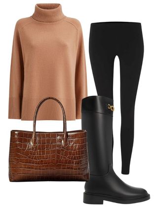 cute simple outfits: cashmere knit, leggings, knee high boots