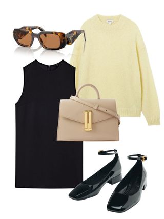 cute simple outfits: mini dress, jumper, mary jane ballet flats