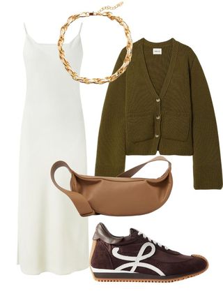 cute simple outfits: cardigan, slip dress, trainers, crossbody bag