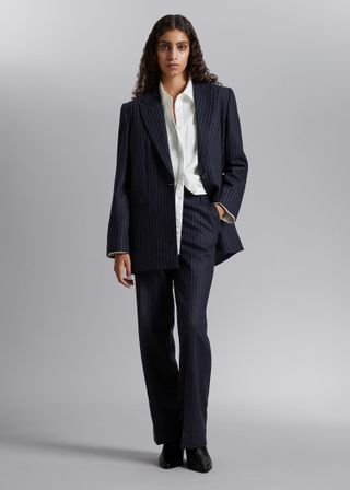 & Other Stories + Slim Flared Tailored Trousers in Navy Pinstripe