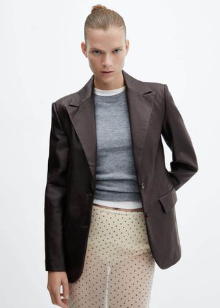 Mango + Leather-Effect Jacket in Brown