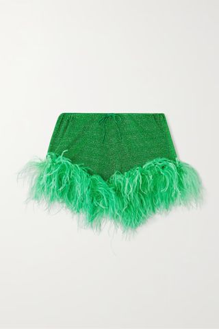 Oséree + Lumière Feather-Trimmed Metallic Stretch-Knit Shorts