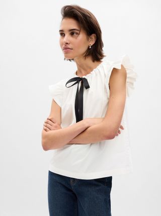 Gap + Flutter Sleeve Tie-Neck Shirt