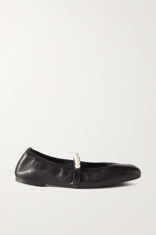 Stuart Weitzman + Goldie Faux Pearl-Embellished Leather Ballet Flats