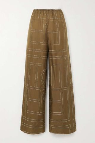 Toteme + Embroidered Silk-Twill Wide-Leg Pants