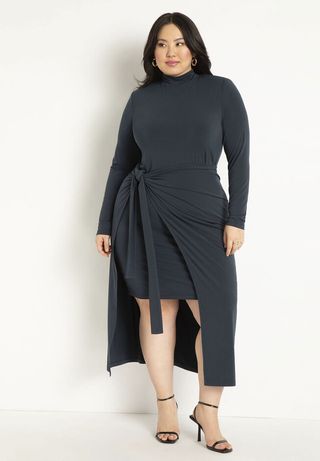 Eloquii + Mockneck Knit Dress With Wrapover Skirt