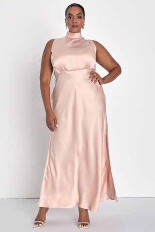 Lulus + Classic Elegance Blush Satin Sleeveless Mock Neck Maxi Dress