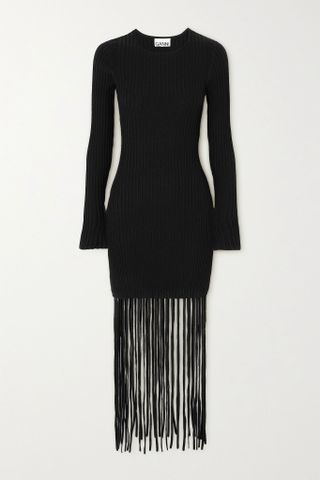 Ganni + Fringed Ribbed-Knit Mini Dress