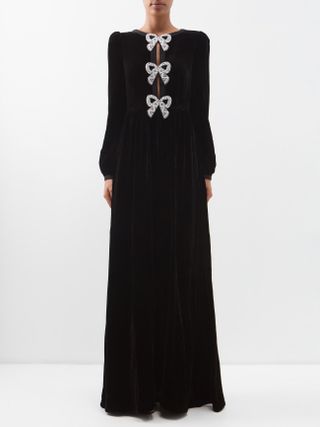 Saloni + Camille crystal-bow velvet gown