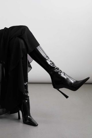 Saint Laurent + Justify Patent-Leather Knee Boots