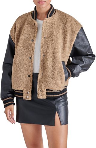 Steve Madden + Florence Faux Shearling & Faux Leather Varsity Jacket