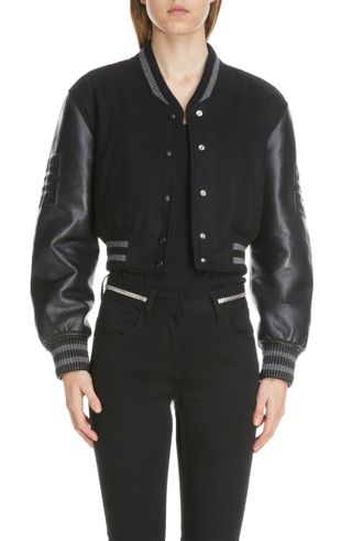 Givenchy + Leather Sleeve Logo Crop Varsity Jacket