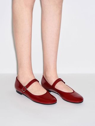 Charles & Keith + Red Patent Buckled Mary Jane Flats