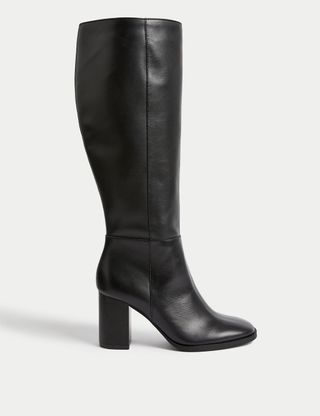 M&S Collection + Leather Block Heel Knee High Boots