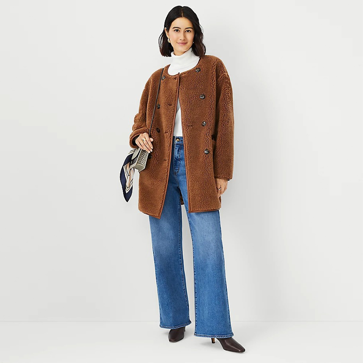 Ann Taylor + Faux Leather Trim Sherpa Coat