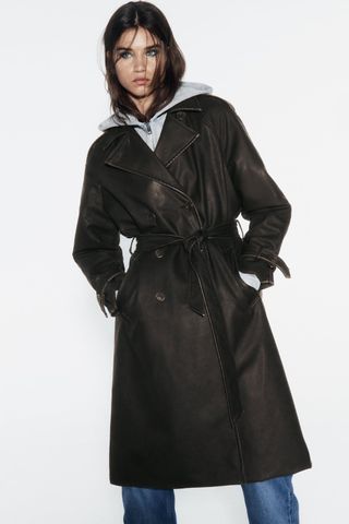 Zara + Distressed Faux Leather Coat