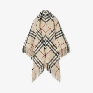 Burberry + Check Wool Cape in Stone