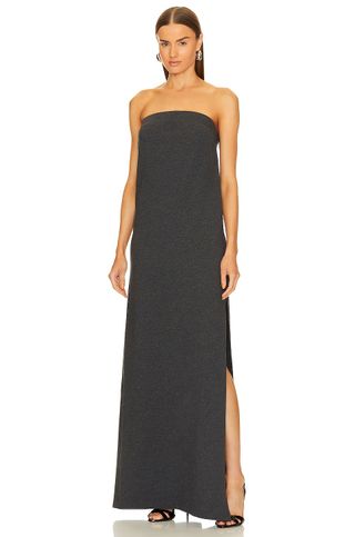 Norma Kamali + Strapless Tailored Terry Side Slit Gown